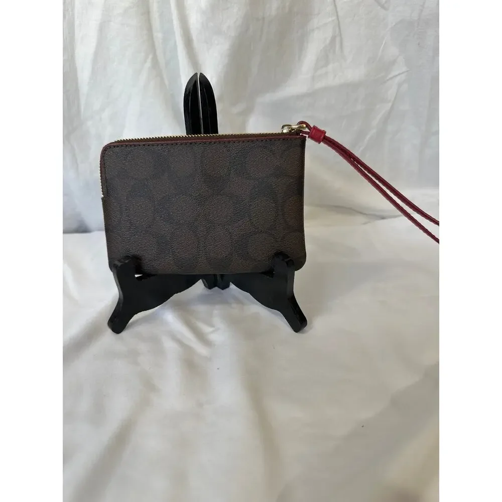 Coach Corner Zip Wristlet in Brown Red Signature Canvas NWT